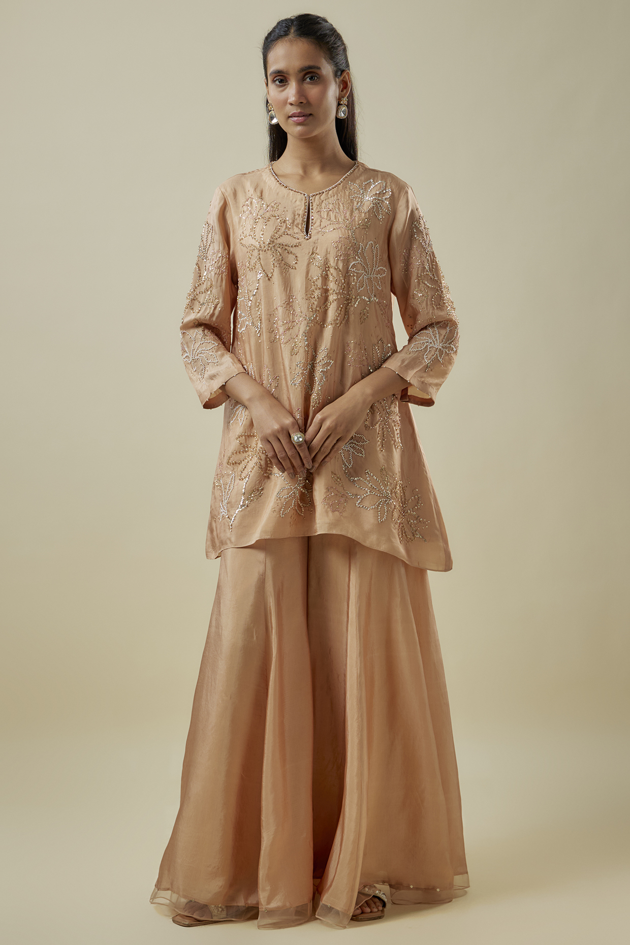 Golden Viscose Silk Hand Embroidered Kurta Set by One not two at Pernia's Pop Up Shop