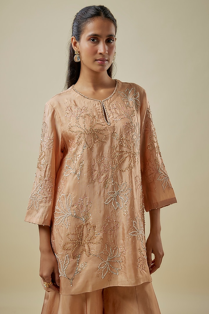Golden Viscose Silk Hand Embroidered Kurta Set by One not two at Pernia's Pop Up Shop