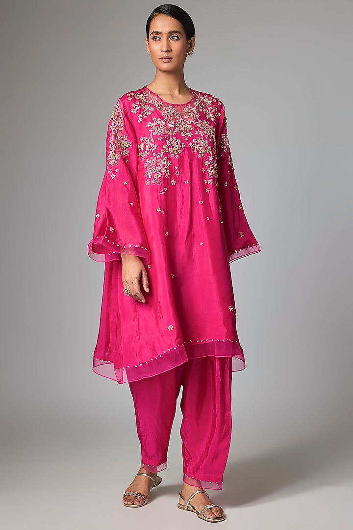 Hot Pink Silk Hand Embroidered Kurta Set by One not two at Pernia's Pop Up Shop