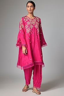 Hot Pink Silk Hand Embroidered Kurta Set by One not two-POPULAR PRODUCTS AT STORE