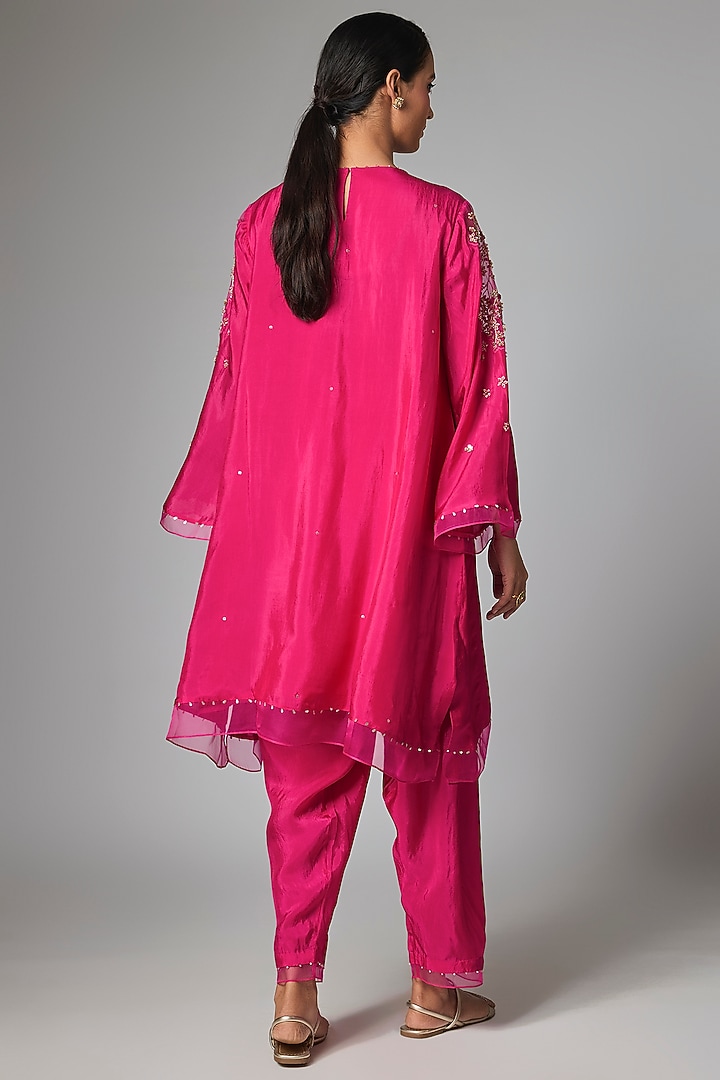 Hot Pink Silk Hand Embroidered Kurta Set by One not two at Pernia's Pop Up Shop