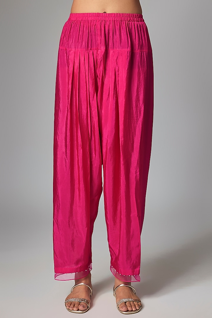 Hot Pink Silk Hand Embroidered Kurta Set by One not two at Pernia's Pop Up Shop