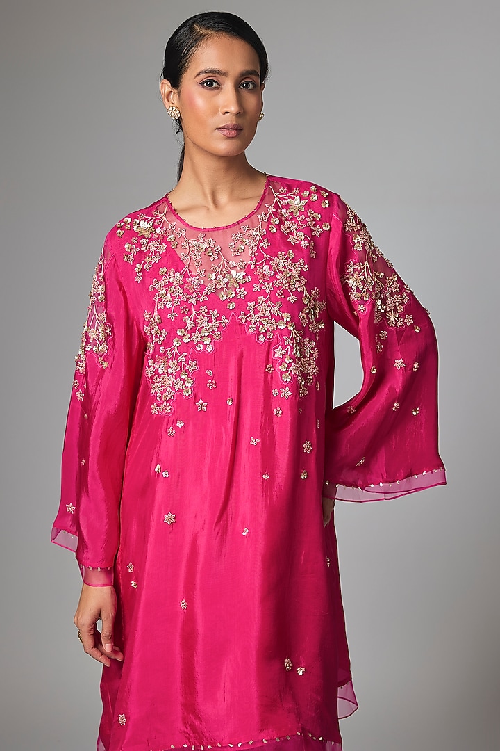 Hot Pink Silk Hand Embroidered Kurta Set by One not two at Pernia's Pop Up Shop