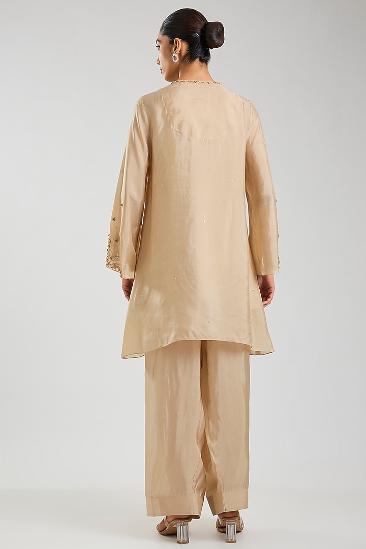 Shell-Colored Silk Hand Embroidered Kurta Set by One not two at Pernia's Pop Up Shop