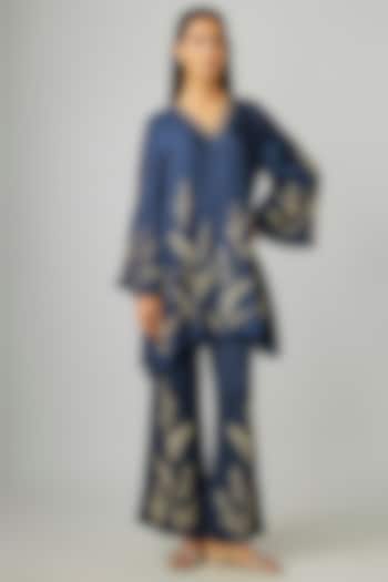 Navy Blue Silk Hand Embroidered Co-ord Set by One not two at Pernia's Pop Up Shop