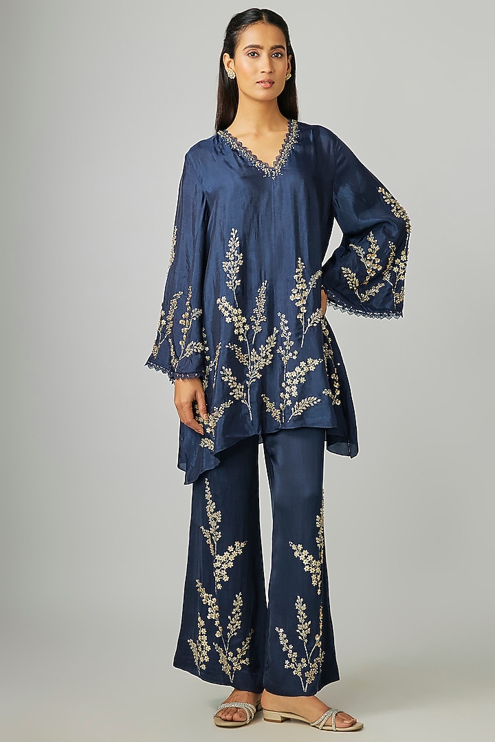 Navy Blue Silk Hand Embroidered Co-ord Set by One not two at Pernia's Pop Up Shop