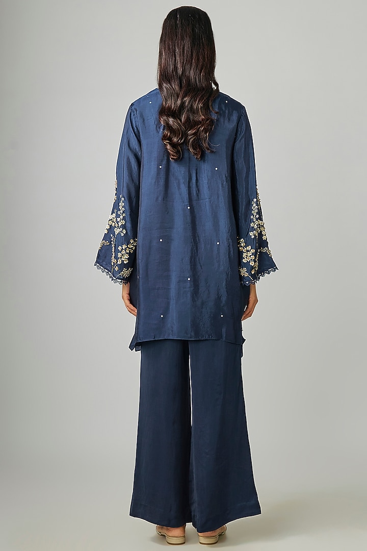 Navy Silk Hand Embroidered Kurta Set by One not two at Pernia's Pop Up Shop
