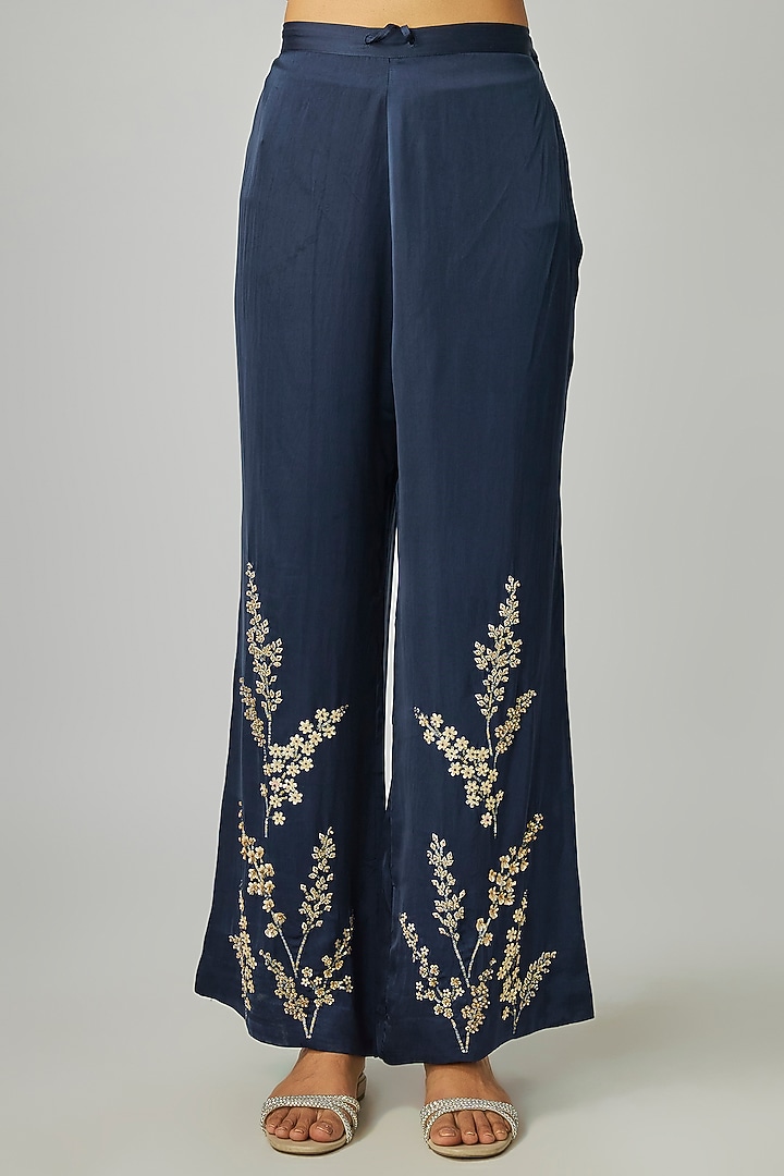 Navy Silk Hand Embroidered Kurta Set by One not two at Pernia's Pop Up Shop