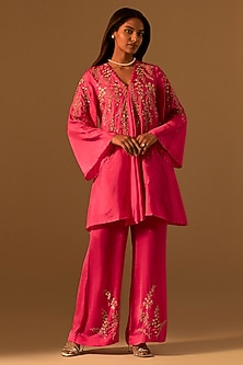 Hot Pink Silk Sequins Embroidered Kurta Set by One not two-POPULAR PRODUCTS AT STORE