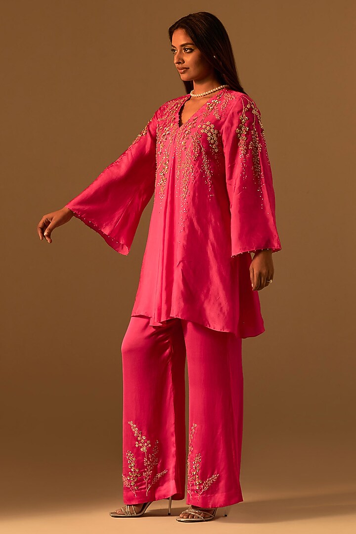 Hot Pink Silk Sequins Embroidered Kurta Set by One not two at Pernia's Pop Up Shop