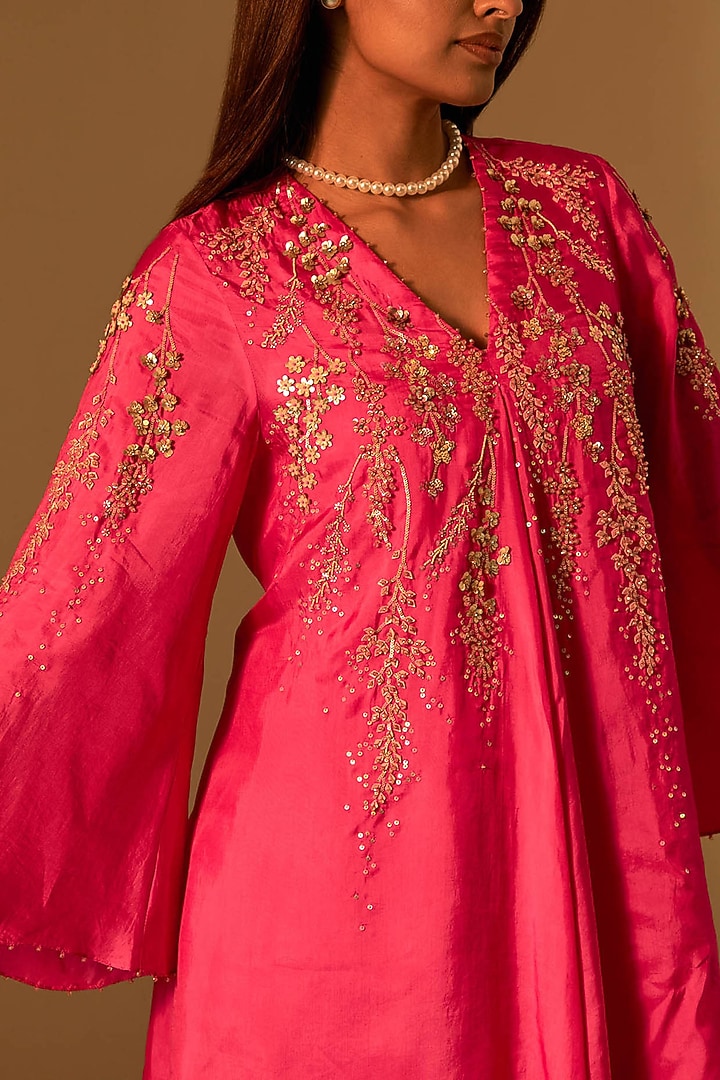 Hot Pink Silk Sequins Embroidered Kurta Set by One not two at Pernia's Pop Up Shop