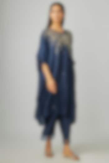 Navy Blue Silk Organza Embroidered Kaftan Set by One not two at Pernia's Pop Up Shop