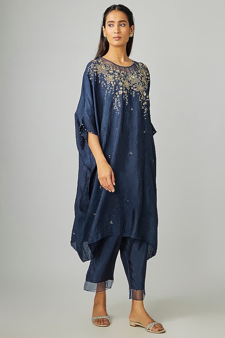 Navy Blue Silk Organza Embroidered Kaftan Set by One not two at Pernia's Pop Up Shop
