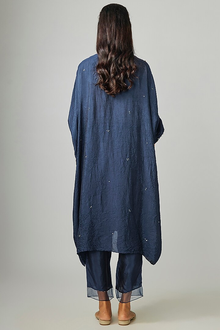 Navy Blue Silk Organza Embroidered Kaftan Set by One not two at Pernia's Pop Up Shop