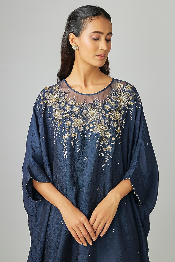 Navy Blue Silk Organza Embroidered Kaftan Set by One not two at Pernia's Pop Up Shop