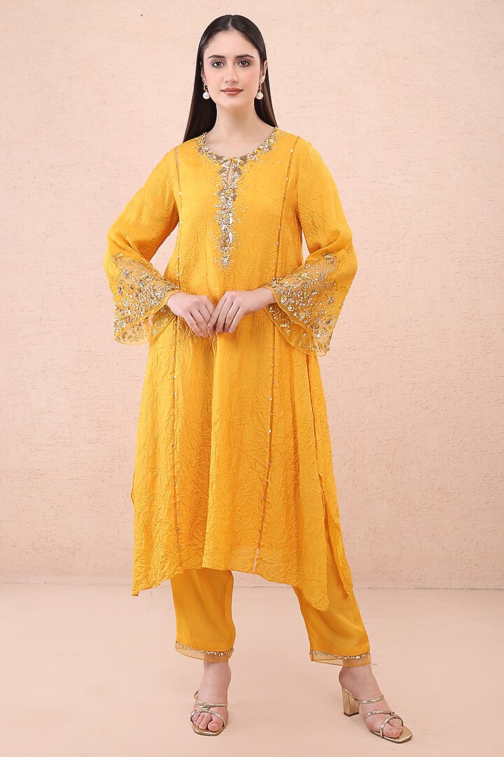 Saffron Silk Crystal Embellished Kurta Set by One not two at Pernia's Pop Up Shop