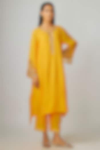 Saffron Silk Embroidered Kurta Set by One not two at Pernia's Pop Up Shop