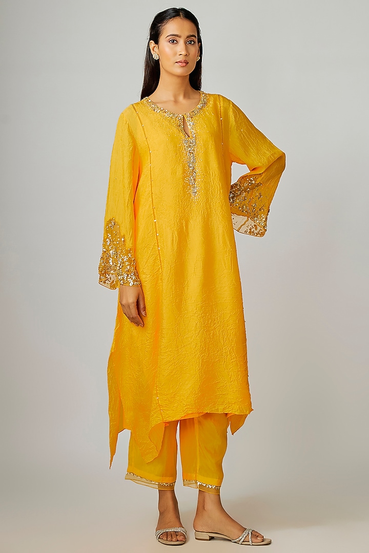 Saffron Silk Embroidered Kurta Set by One not two at Pernia's Pop Up Shop