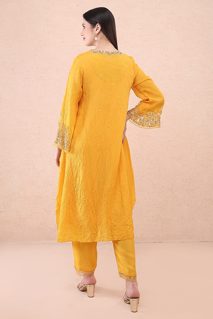 Saffron Silk Crystal Embellished Kurta Set by One not two at Pernia's Pop Up Shop