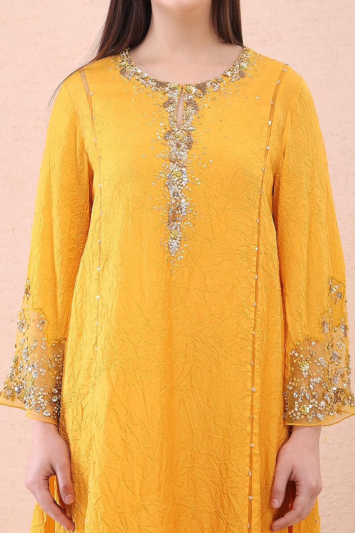 Saffron Silk Crystal Embellished Kurta Set by One not two at Pernia's Pop Up Shop