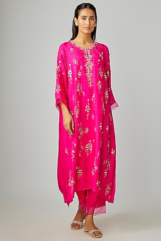 Hot Pink Silk Embroidered Kurta Set by One not two