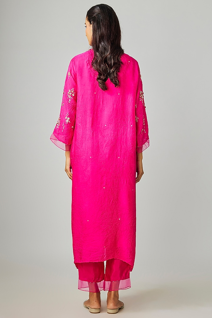 Hot Pink Silk Embroidered Kurta Set by One not two at Pernia's Pop Up Shop