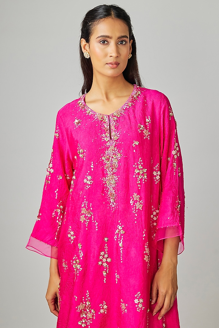Hot Pink Silk Embroidered Kurta Set by One not two at Pernia's Pop Up Shop