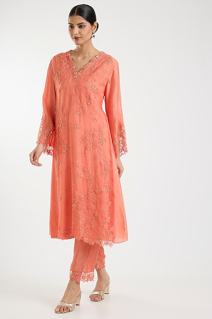 Coral Silk Organza Embroidered Kurta Set by One not two at Pernia's Pop Up Shop