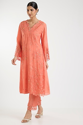 Coral Silk Organza Embroidered Kurta Set by One not two