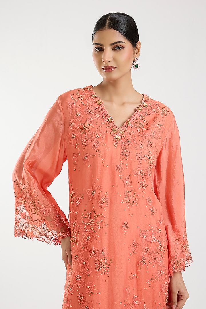 Coral Silk Organza Embroidered Kurta Set by One not two at Pernia's Pop Up Shop