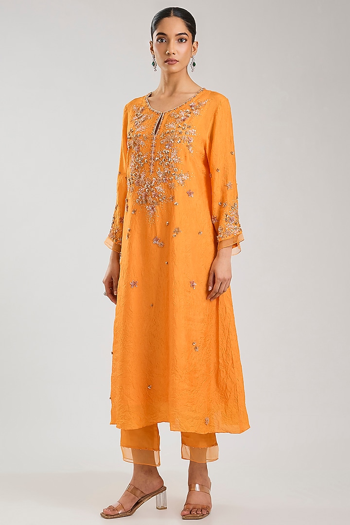 Tangerine Silk Kurta Set by One not two at Pernia's Pop Up Shop