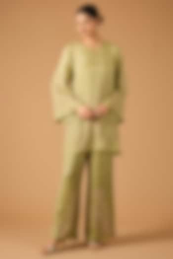 Moss Green Silk Sequin Embroidered Kurta Set by One not two at Pernia's Pop Up Shop