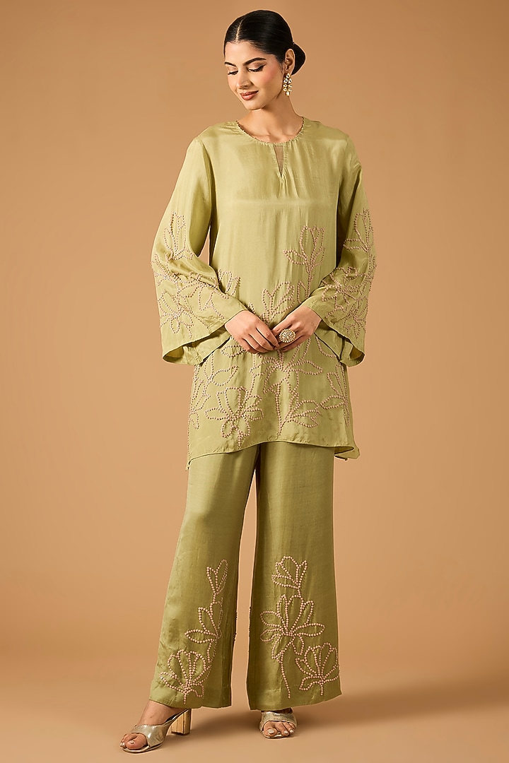 Moss Green Silk Sequin Embroidered Kurta Set by One not two at Pernia's Pop Up Shop