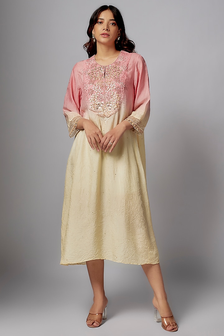 Peach Viscose Silk Sequins Embroidered Ombre Kurta by One not two