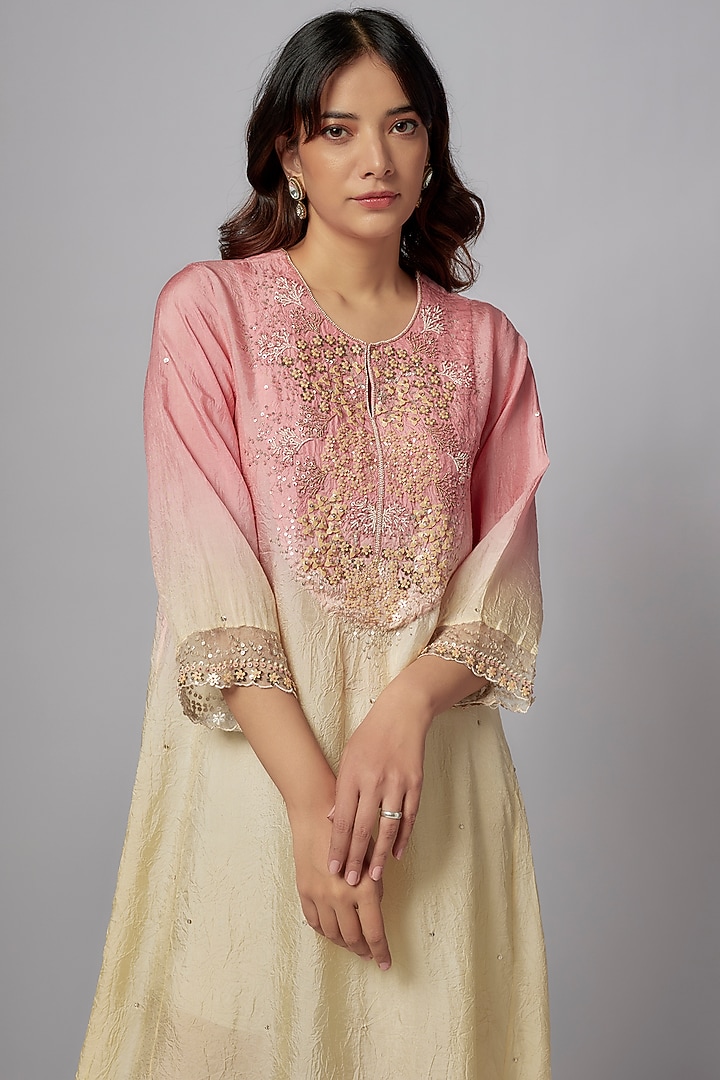 Peach Viscose Silk Sequins Embroidered Ombre Kurta by One not two at Pernia's Pop Up Shop