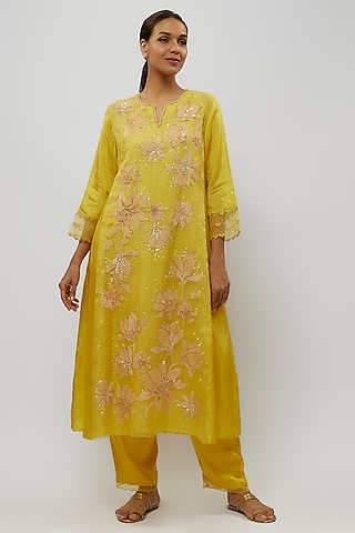 Mango Yellow Viscose Silk Floral Thread Embroidered A-Line Kurta Set by One not two