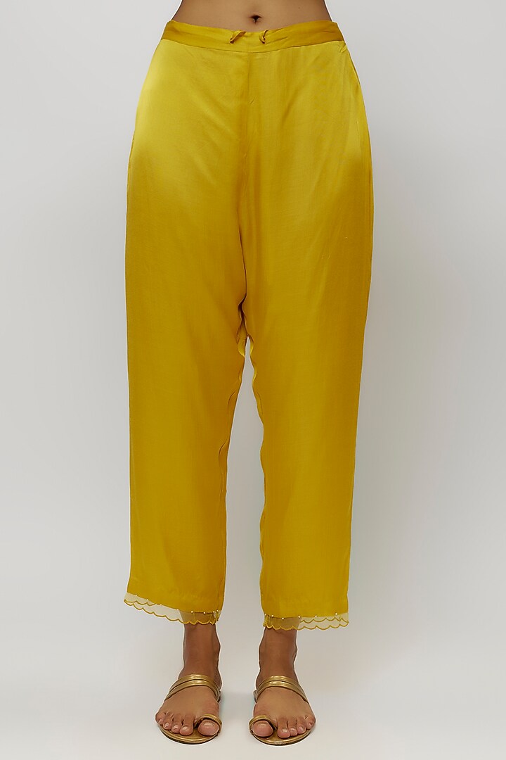 Mango Yellow Viscose Silk Floral Thread Embroidered A-Line Kurta Set by One not two at Pernia's Pop Up Shop