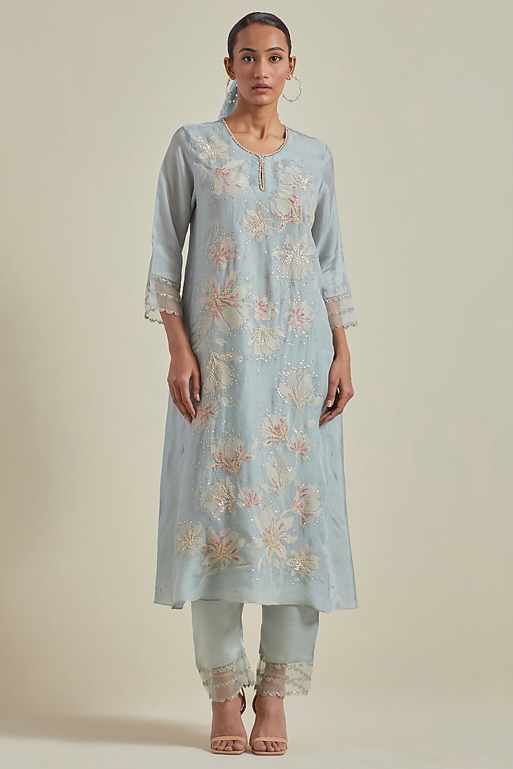 Powder Blue Viscose Silk Floral Thread Embroidered A-Line Kurta Set by One not two at Pernia's Pop Up Shop