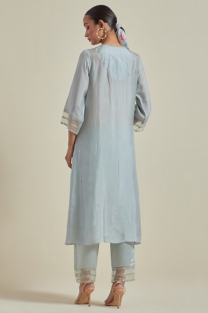 Powder Blue Viscose Silk Floral Thread Embroidered A-Line Kurta Set by One not two at Pernia's Pop Up Shop