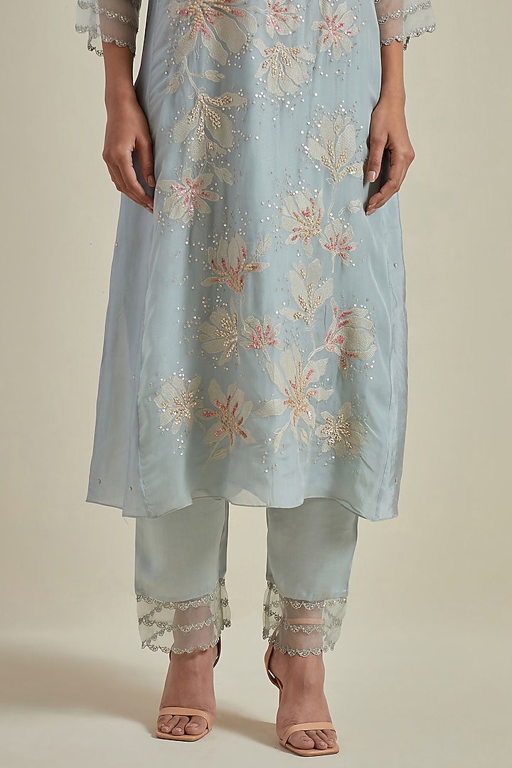 Powder Blue Viscose Silk Floral Thread Embroidered A-Line Kurta Set by One not two at Pernia's Pop Up Shop