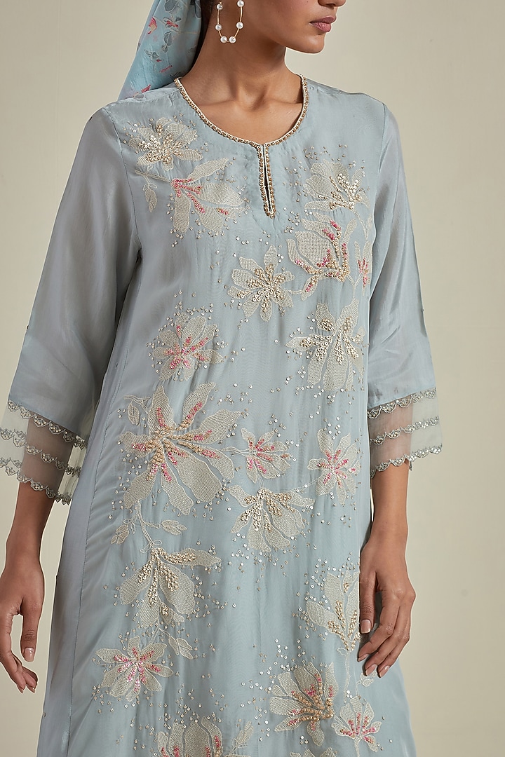 Powder Blue Viscose Silk Floral Thread Embroidered A-Line Kurta Set by One not two at Pernia's Pop Up Shop