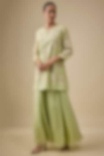Mist Green Silk Floral Thread Embroidered Wedding Sharara Set by One not two at Pernia's Pop Up Shop