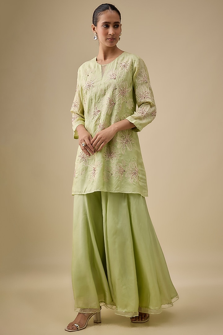 Mist Green Silk Floral Thread Embroidered Wedding Sharara Set by One not two at Pernia's Pop Up Shop