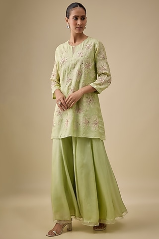Mist Green Silk Floral Thread Embroidered Sharara Set by One not two