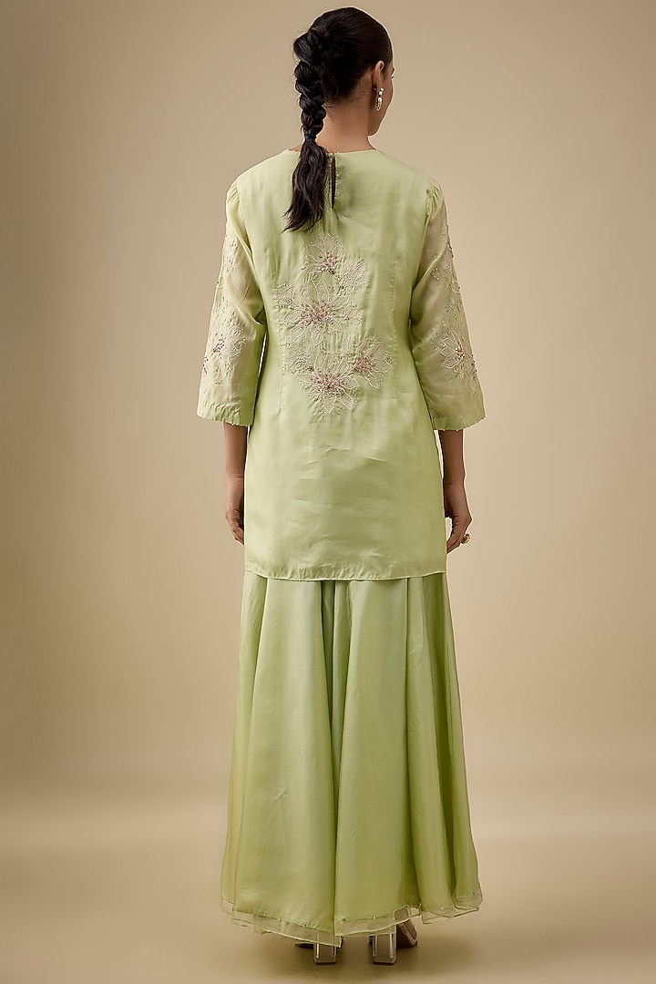 Mist Green Silk Floral Thread Embroidered Wedding Sharara Set by One not two at Pernia's Pop Up Shop