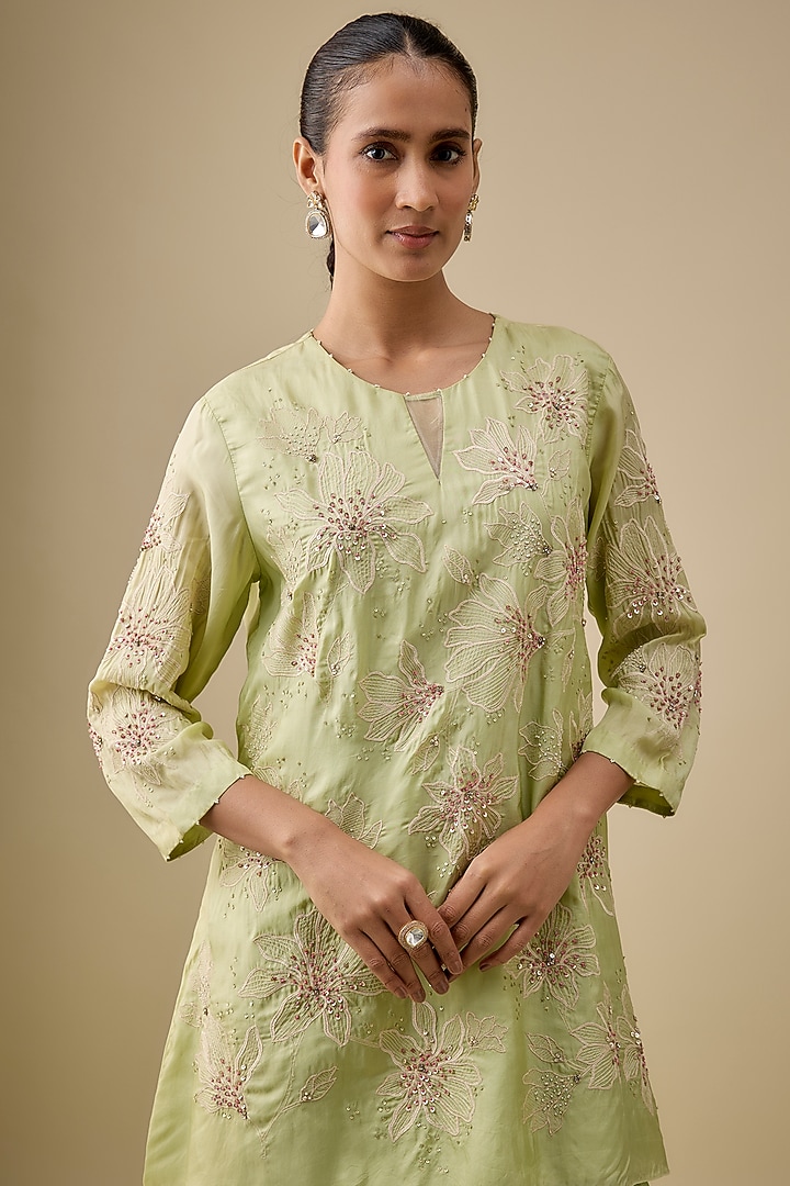 Mist Green Silk Floral Thread Embroidered Wedding Sharara Set by One not two at Pernia's Pop Up Shop