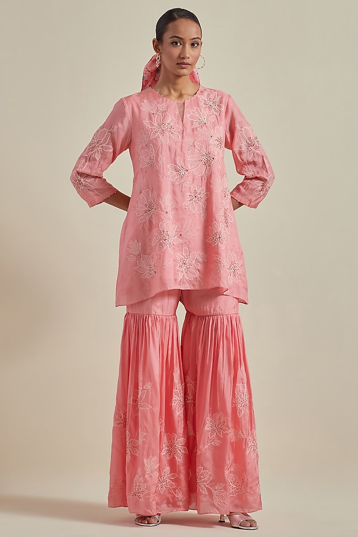 Peach Viscose Silk Floral Thread Embroidered Sharara Set by One not two at Pernia's Pop Up Shop