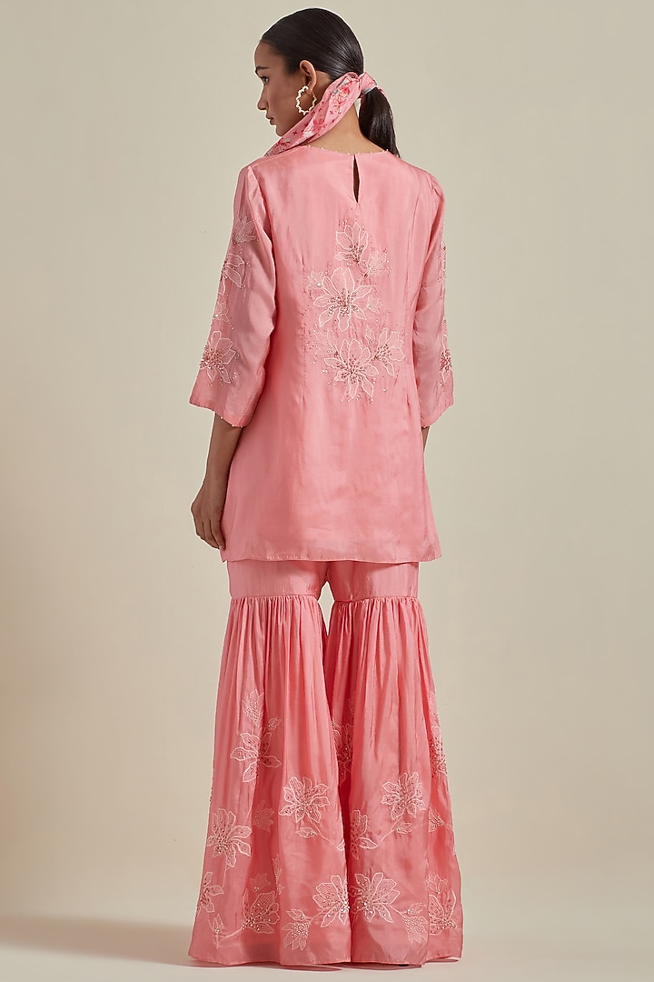 Peach Viscose Silk Floral Thread Embroidered Wedding Sharara Set by One not two at Pernia's Pop Up Shop