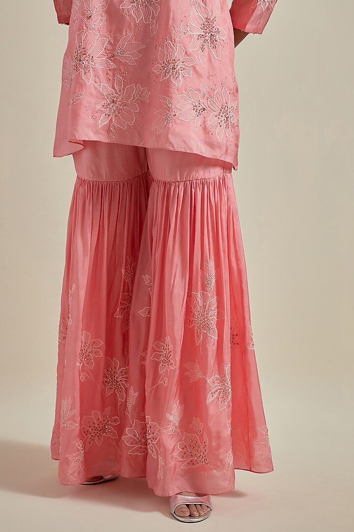 Peach Viscose Silk Floral Thread Embroidered Wedding Sharara Set by One not two at Pernia's Pop Up Shop