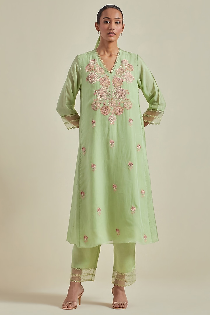 Mist Green Viscose Silk & Organza Thread Embroidered A-Line Kurta Set by One not two at Pernia's Pop Up Shop